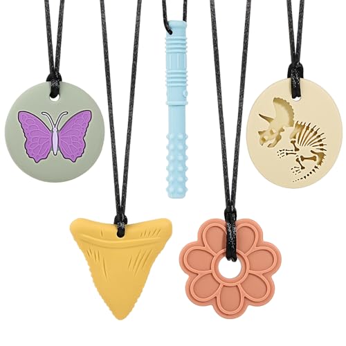 CLDY Collar sensorial masticable para autismo y TDAH, paquete de 5 juguetes masticables de silicona de grado alimenticio para niños, mordedor motor oral sin BPA para niños y niñas, seguro para las