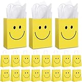 Kosiz 50 Sets Smile Face Gift Bags Yellow Bags with Handles Goodie Bag for Kid Face Paper Bag with Tissue Paper Christmas Gift for Staff Student Baby Shower Birthday Party Favor