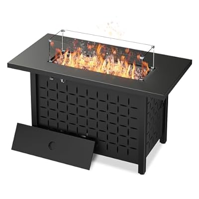 Vongrasig 43 inch Gas Fire Pit Table, 50,000 BTU Outdoor Rectangular Propane Firepit Table with Lid, Glass Wind Guard, Lava Rock, 2 in 1 Firepit Table for Outside, Patio, Deck, Garden, Backyard
