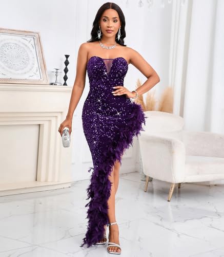 Image of dasmzper Women's Sexy Sequin Off The Shoulder V Neck Mesh See Through Dress Feather Hem Bodycon Evening Maxi Dress