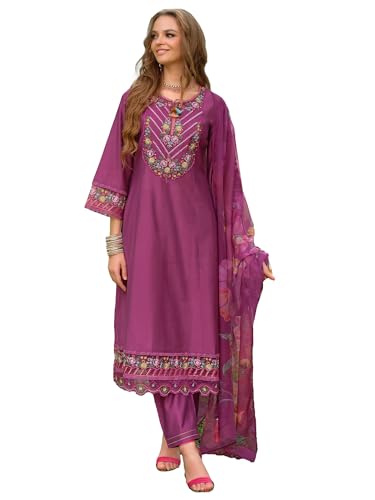 Image of INDO ERA Women's A-Line Cotton Blend Floral Embroidered Kurta & Pant With Dupatta Set (IEOUT11375)