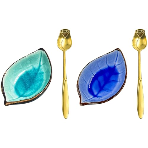 Coffee Spoon Rest, Ice Cracks Leaf Small Spoon Holder for Stove Top, Teaspoon Rest for Kitchen Counter, ceramic utensil holder for Coffee Bar Accessories (Sapphire/Lake blue with Gold Rose Spoon)