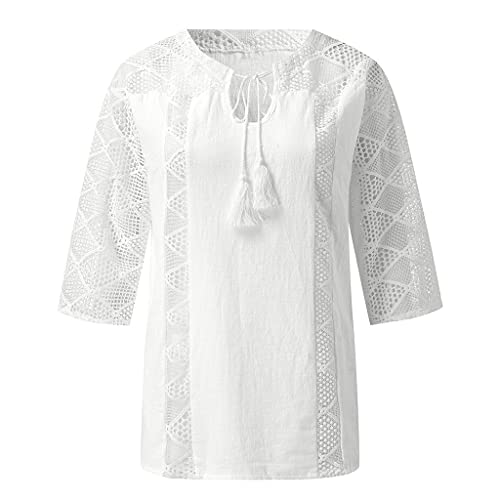 Womens Summer Tops Solid Color Lace Stitching V-Neck 3/4 Sleeve T-Shirt Loose Shirt Casual Hollow Out Crewneck Blouses White