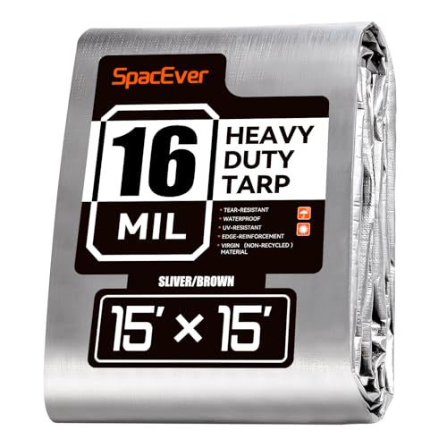 SpacEver 15x15 FT Tarp Waterproof 16 Mil Tarps Heavy Duty Waterproof Multipurpose Protective Cover UV Resistant Rip & Tear Resistant of with Grommets Reversible for Home Boats Cars Camping
