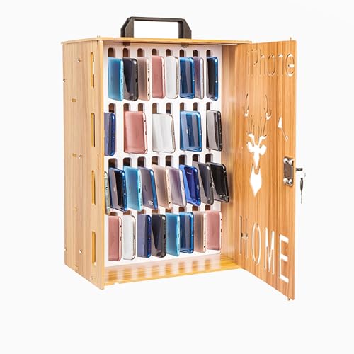 Wood Cell phone locker for Classroom Desktop Mobile Phone Organizer Cell Phone Holder Storage Cabinet Wall-Mounted School Mobile Phone Safe Deposit Box for Office, Factory(29.5x21x41.5cm-36Slots)