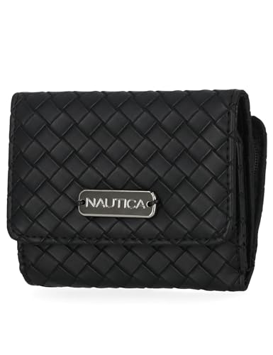 Nautica Rower’s End Small Wallet for Women, RFID Blocking Slim Credit Card Holder with Zipper Coin Pocket, Bifold Compact Womens Wallet with ID Window, Woven Black
