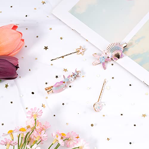 Beshiny 4 Pcs Starfish Seashell Hair Clips Pearl Barrettes Alloy Mermaid Hair Accessories For Women Girls Beach Wedding Supplies, Colorful #TOP4