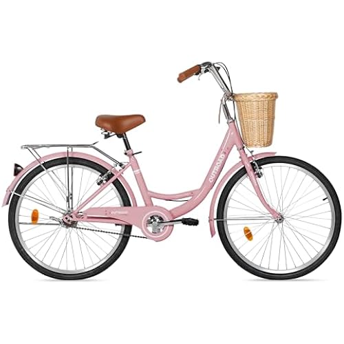Max4out Women Bike Beach Cruiser Bike for Adult, 24 & 26 Inch Comfort Bikes with Rattan Front Basket, Womens Bicycle with Adjustable Seat and Dual V-Brake (Pink & White & Green & Purple & Black)