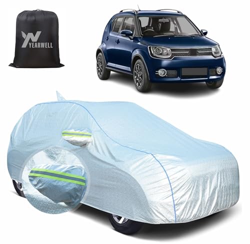 Image of Car Body Cover for Maruti Suzuki Ignis, 100% Waterproof, Heat-Resistant with Mirror & Antenna Pockets, Soft Cotton Lining, Triple Stitched, Green Reflector (Reflective Silver)