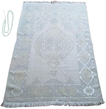 GURJHONS Turkish Thin Silky Prayer Rug with 99 Beads Muhammad Allah TASBIH, Zikir, Haj, Tasbeeh, Subha, Misbaha Beads (Silky) (Green)