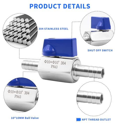 PWGHWG Kugelhahn mit Widerhaken, Absperrventil Edelstahl Pagodengelenk fürWasser, Gas, Öl, Kraftstoff (10 mm)
