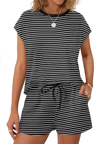 Image of WIHOLL Two Piece Sets for Women Summer Crew Neck Lounge Short Sets Cap Sleeve Drawstring Sweatsuit with Pocket