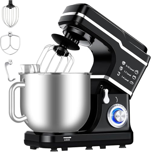 7.5QT 660W 10-Speed Electric Food Mixer, Tilt-Head Stand Mixer with Stainless Steel Bowl, Dough Hook/Whisk/Beater, Splash Guard, Quiet Motor for Baking/Kitchen, Black