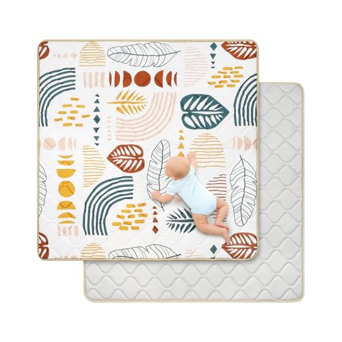 decalsweet Spielmatte Baby 127×127cm mit Rutschfest, Extra Dicke 2cm Weiche Krabbelmatte Baby, Faltbar Krabbeldecke für Baby Krabbelteppich für Kinderzimmer Indoor Outoor Zaun (Boho-Blatt)