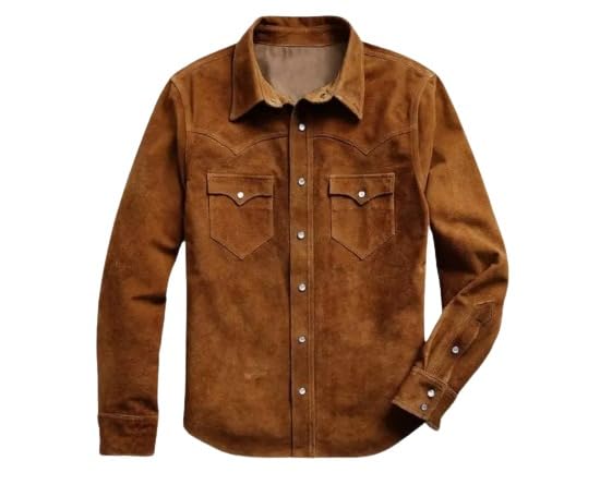 Men's Cowboy Western Soft Suede Leather Shirt - Roughout Style Suede Leather Journeyman Down Shacket Jacket