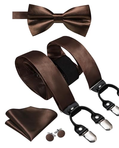 Image of Hi-Tie Men Suspender Bowtie Set Suspenders Pre-tied Bow Tie Pocket Square Cufflinks Adjustable Y Shape 6 Clips Braces Tuxedo