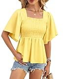 HEYTALALA Womens Summer Smocked Peplum Top Square Neck Ruffle Short Sleeve Blouse Loose Fit Babydoll Shirts 2025 Yellow M
