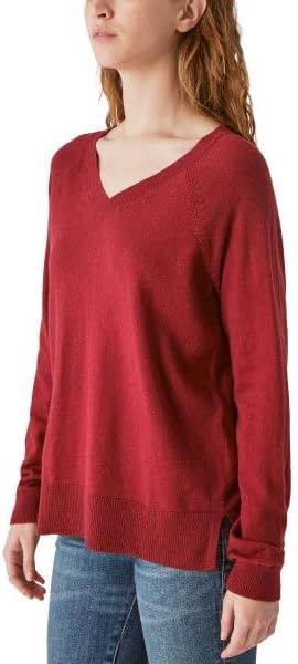 Lucky Brand Women's V-Neck Sweater, Long Sleeves, Side Slits, Cotton Blend, Cream/Green/Red/Black - Image 2