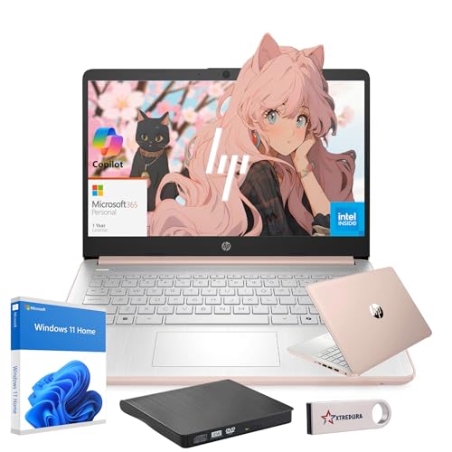 Image of HP 14 inch Rose Gold Laptop for Student Business 2026, Office 365 Included, Copilot AI, Intel CPU, 8GB RAM, 512GB SSD+64GB eMMC, Ext DVD Drive & USB Flash Drive, Light & Slim, 4K Graphics, Windows 11S
