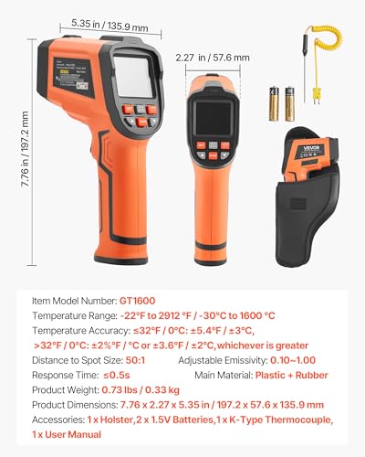 Image of VEVOR Infrared Thermometer, -22℉ to 2912℉ Dual-Mode IR Thermometer Gun with K-Type Thermocouple, Dual Laser Heat Temperature Gun Non-Contact for Metal Smelting /Engine /Industry /Cooking (Not for Human)