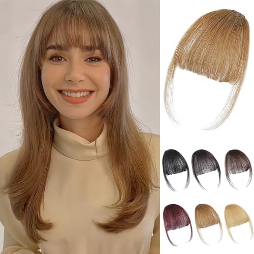 Clip in Bangs - 100% Human Hair Bangs Clip in Hair Extensions Light Brown Wispy Bangs, Clip on Air Curtain Bangs Fringe With Temples Hairpieces Curved Bangs For Women Daily Wear