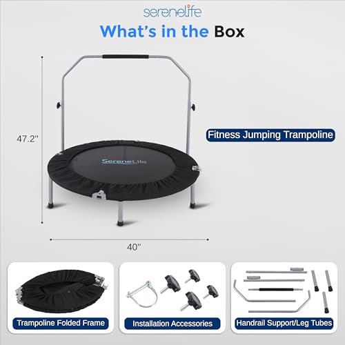 SereneLife 36/40" Foldable Mini Trampoline - Compact Fitness Trampoline for Kids Adults, Exercise Rebounder with Foam Handle, Indoor/Garden Workout Equipment, Max Load 150/220 lbs