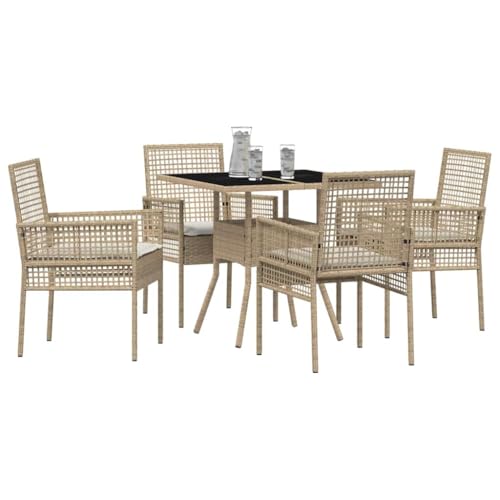 vidaXL Beige Rattan Dining Set Outdoor Furniture Set of 5 - Garden/Patio Set with Steel Frame, Rectangular Table and Cushioned Chairs, All-Weather Durable - Image 4