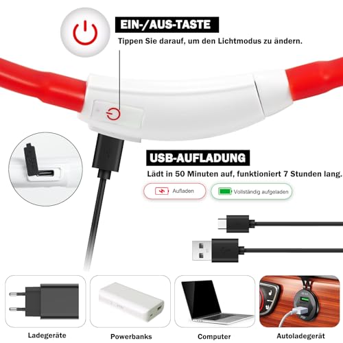 Nepfaivy Leuchthalsband Hund USB Aufladbar - Wasserdichtes Hundehalsband Leuchtend mit Verstellbarer Länge, LED Halsband für Hunde mit 4 Beleuchtungsmodi für Sicherheit, Rot