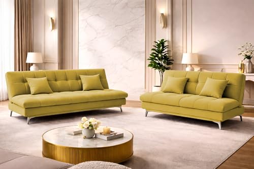 Image of Krancy Solid Wood 3 + 2 Seater Sofa Cum Bed with 2 Cushions | Convertible Wooden Couch for Living Room, Home & Office | Modern Designer Furniture | 3 Years Warranty | Yellow