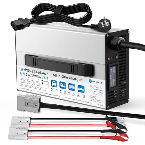 Hexwatt 24V/36V/48V LiFePO4 & AGM All in One Battery Charger,LiFePO4 29.2V,43.8V,58.4V Charger and Lead-Acid (AGM/Gel/FLA) 24V/36V/48, Adjustable Current 4A-18A with LCD Display