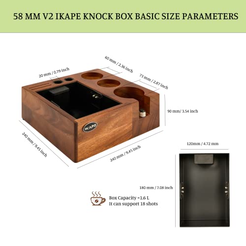 IKAPE V2 Espresso Knock Box, 58MM Espresso Coffee Organizer Box Fit for Storage 58MM Espresso Tamper, Distributor, Portafilter & Puck Screen Accessories, Natural Walnut Tamper Station Base (8 in One)