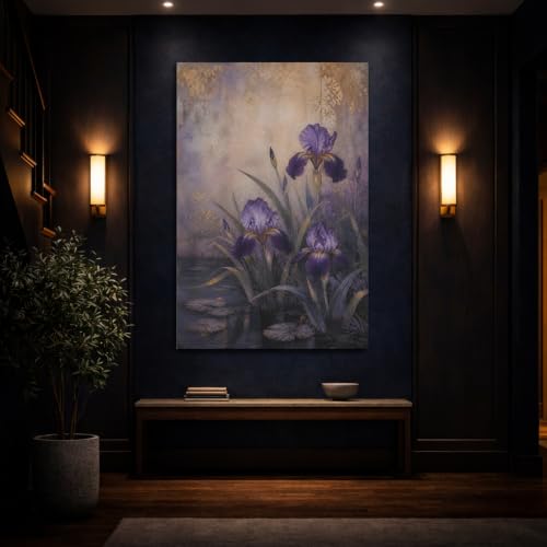 Tableau Grand Format Iris Violet et Or - Solution mur vide salon vintage 80x120