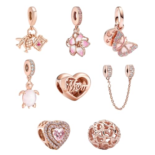 8 Pack Rose Gold Charms Fit for Pandora Bracelets and Necklaces Flower Turtle Charms Butterfly Heart for Women Pendant Jewelry Charm Set