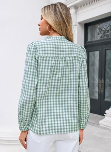 Halife Womens Loose Puff Sleeve Tops Ruffle Collared Vneck Gingham Shirt - image 4