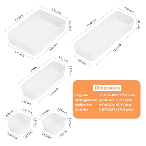 KNNRIIM 5PCS Frosted Plastic Drawer Organizers Set, 4 Sizes Desk Drawer Divider Organizers and Storage Bins Separation Box for Makeup, Jewelries, Gadgets, Bathroom, Kitchen, Office, Bedroom, Dresser