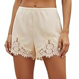 Womens Lace Trim Satin Shorts Y2k Shiny Elastic Waist Mini Shorts Side Zip Slip Pj Bottoms French Knickers (White, M)