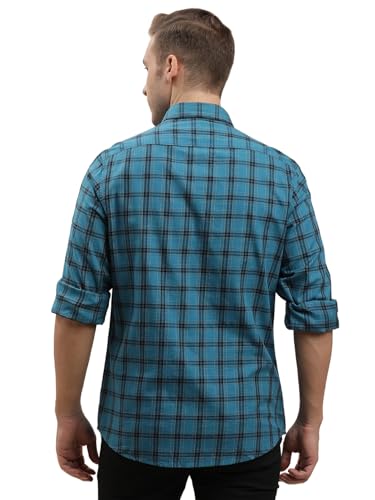 Image of Turtle Men 100% Cotton Slim Fit Checkered Blue Casual Shirt