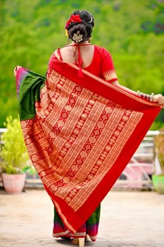 Image of NEW COLLECTION Women's Odisha Handloom Sambalpuri Pata Saree Temple Border Pasapalli Bomkai Buti Boyanika Design Saree Banarasi Soft Papa Silk Simple Ethnic Orissa Sari with Blouse Piece