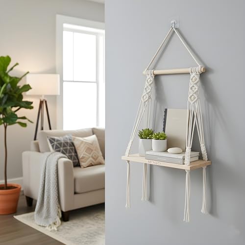 Image of Boho Macrame Wall Hanging Shelf with Adhesive Hook - Handmade Cotton Rope & Pine Wood Floating Shelf - Aesthetic Wall Decor for Bedroom, Living Room & Plants