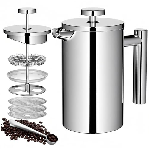 Wrobic Cafetière à piston française 600 ml en acier inoxydable à double paroi isolée, système de filtration à 3 niveaux, presse française pour la...