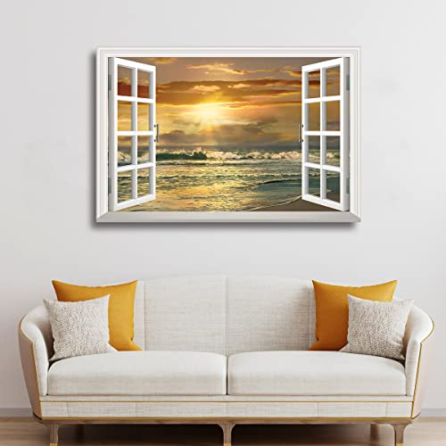 Renditions Gallery Canvas Beach Decor Fake Window View Pitures For Home Ocean Sunset Waves Hanging Artwork For Bedroom Living Room Kitchen Walls - 18"X27" Lt03 #TOP1