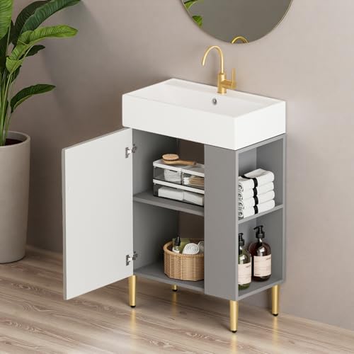 Image of 21.6 inch Freestanding Bathroom Vanity with Ceramic Sink, Matte Gray