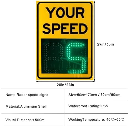 Solar Powered Speed Display Radar Sign with Remote Control - Weatherproof Traffic Sign for Speed Feedback - Aluminum Construction, 50x70cm (20x27in) - Enhance Road Safety