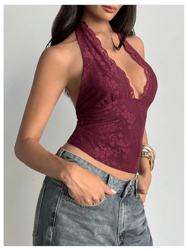 Milumia Women's Floral Lace Deep V Neck Halter Top Sexy Tie Backless Going Out Tank Tops2