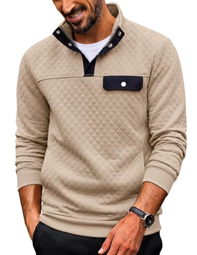 COOFANDY Quilted Sweatshirts for Men Quarter Button Pullover Sweatshirt Stand Collar Outdoor Polo with Pockets