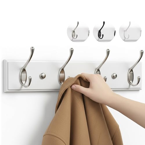 LARHN White Coat Hooks Wall Mounted Coat Rack - 4 Matt-Nickel Wall Hooks - 42 cm - All Fixings Included for Quick & Easy Installation