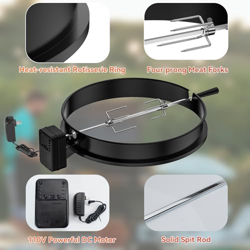 onlyfire Rotisserie Grillspieß Set mit DC Grillmotor und Adapter, Drehspieß für Weber 57cm Kettle Holzkohlegrill und Anderen Modellen ähnlicher Größe, mit 2X Fleischnadeln für Hähnchen