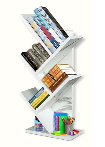 Image of SBF Furniture Tree Bookshelf Floor Standing Bookcase Free Standing Multipurpose Storage Rack for Books Magazines Organizer Showcase DIY (5 Tier - White, 5 Tier)