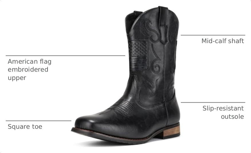 Image of IUV Cowboy Boots For Men Western Boot Classic American Flag Embroidered Square Toe Mid-Calf Boots