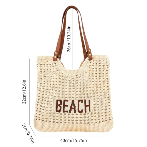 Bolso tejido de playa para mujer crema y marrón claro miniatura 5